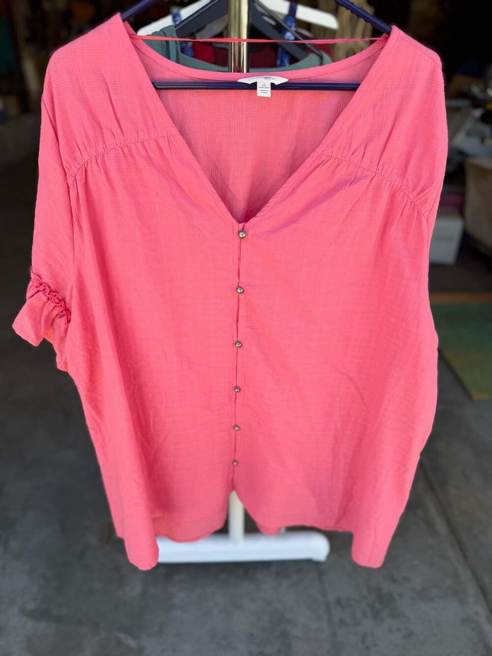 Terra & Sky Pink Button Down V-Neck Short Sleeve Blouse Plus Size 2X